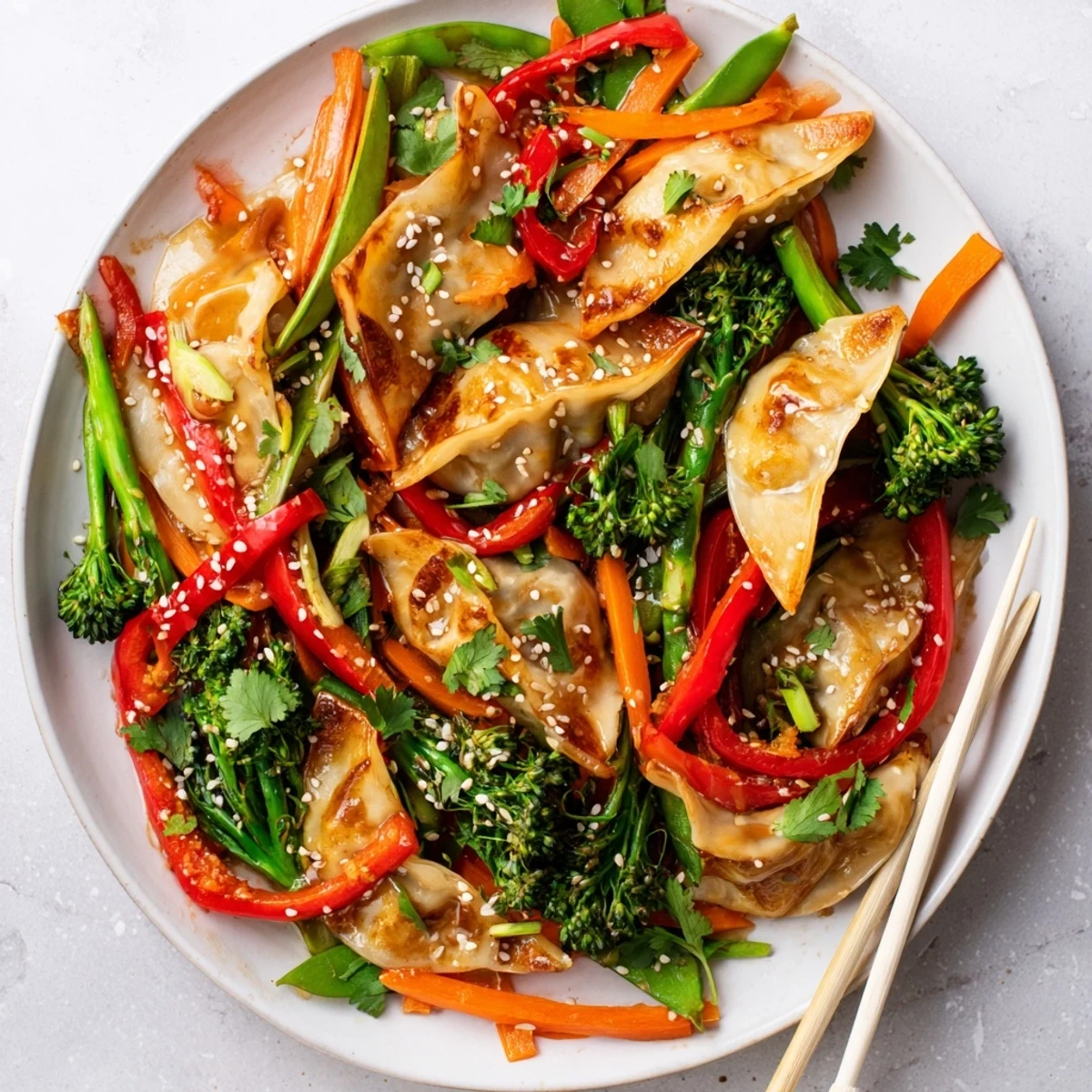 Veggie-packed dumpling stir fry coated in savory garlic glaze with sesame seed garnish