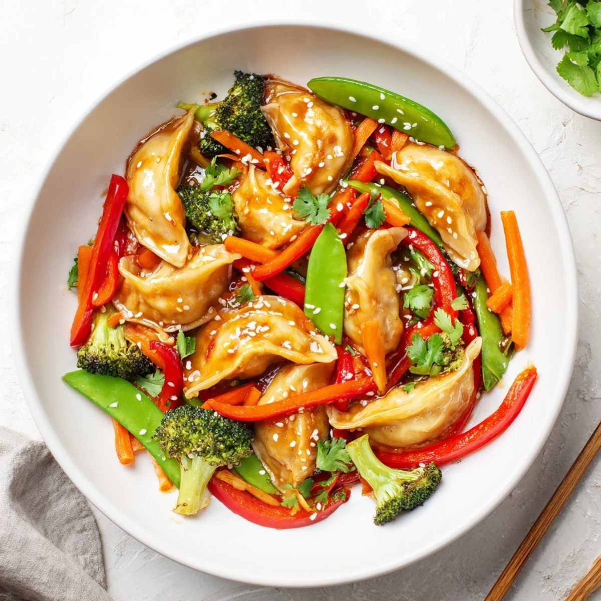 Tender gyoza tossed with fresh broccoli peppers and snap peas in aromatic garlic sauce
