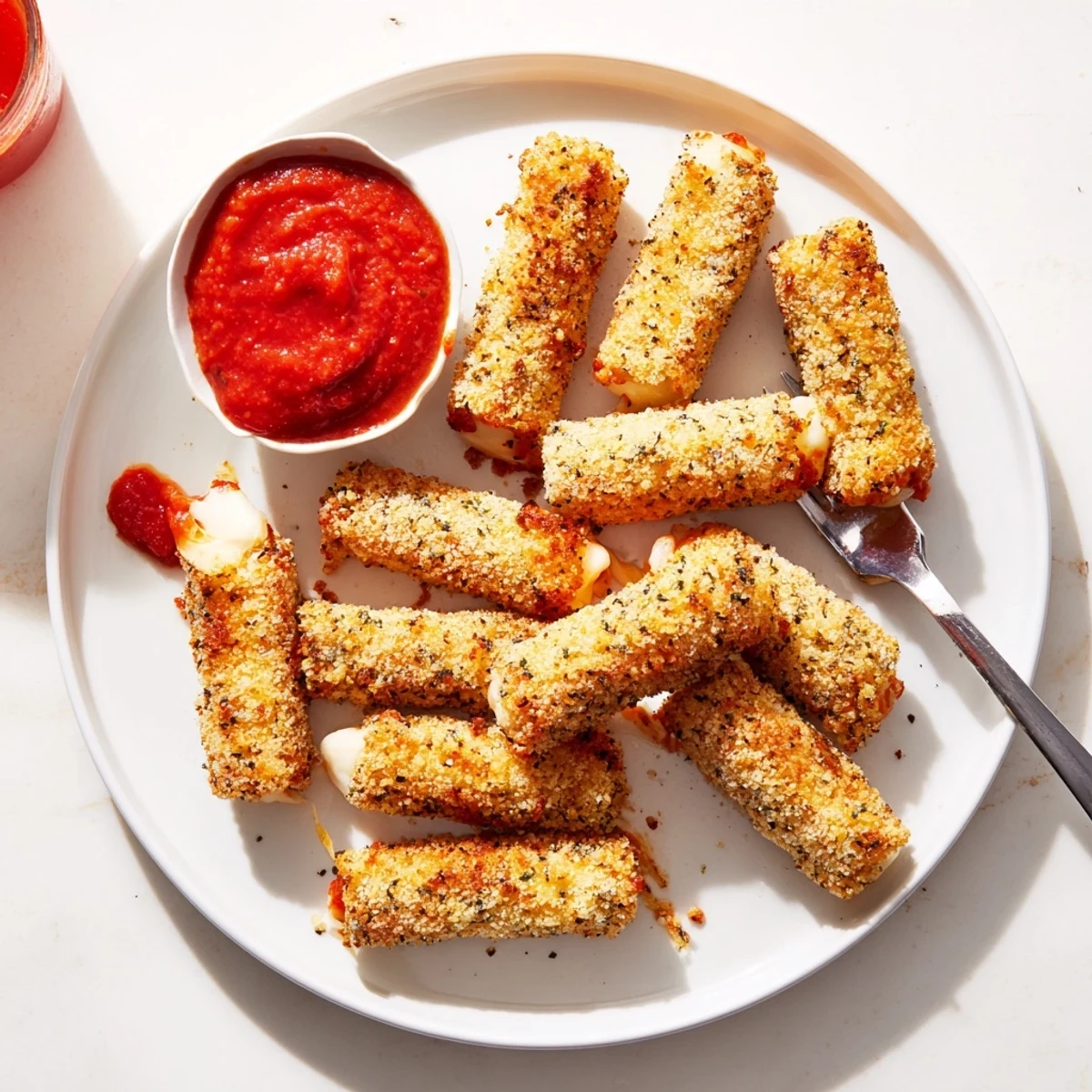 Golden brown crispy baked mozzarella sticks with melty cheese center arranged on wire rack