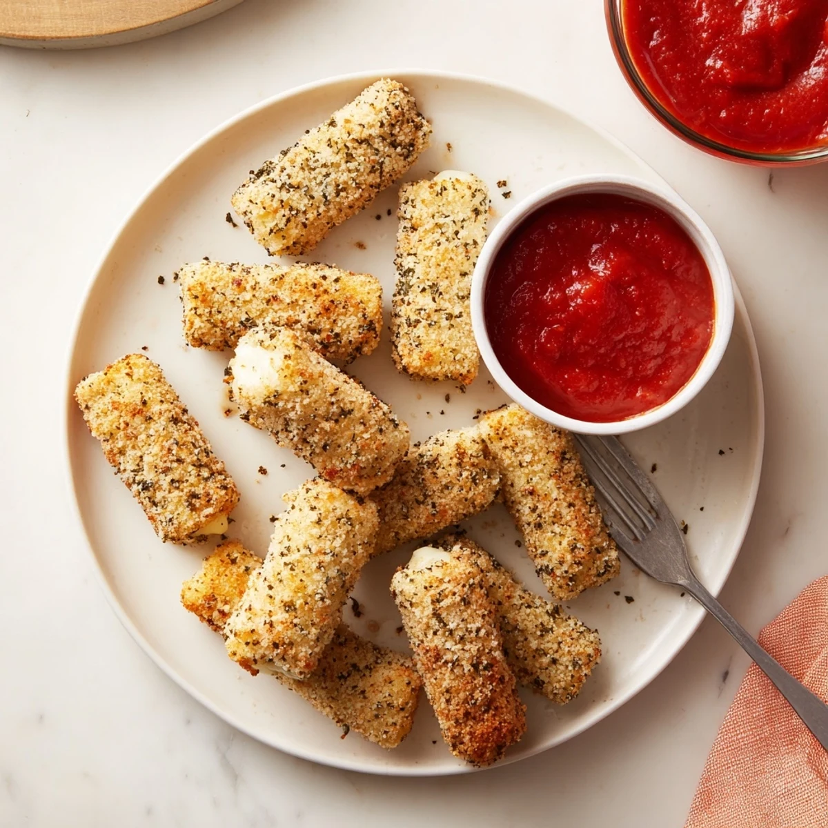 Oven baked mozzarella sticks featuring golden crispy crust and gooey stretched cheese center
