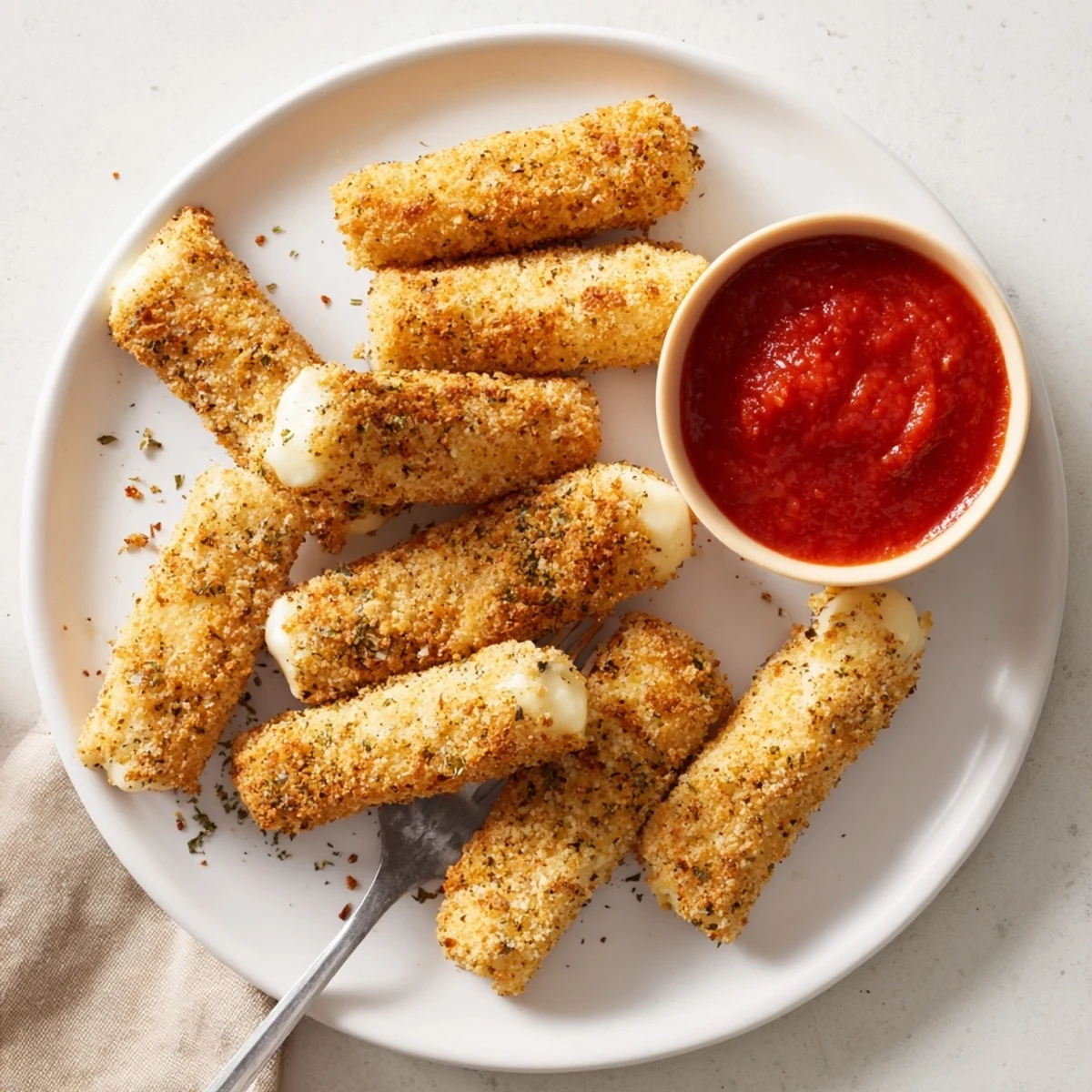 Crispy golden mozzarella sticks baked to perfection with deliciously melted cheese inside