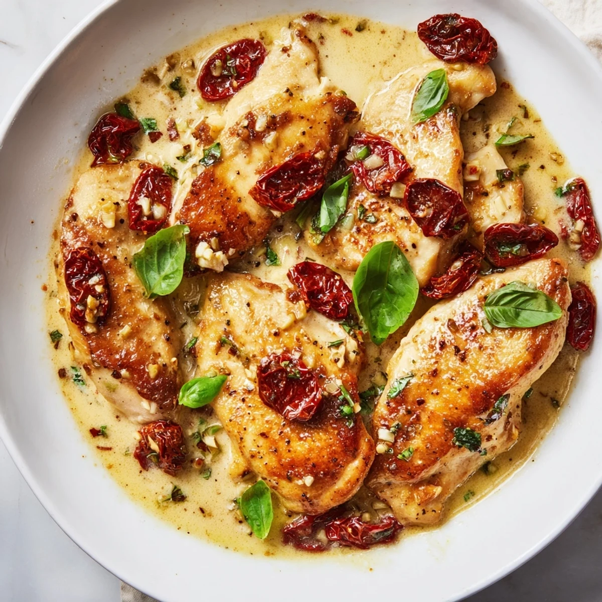 Golden brown High Protein Marry Me Chicken rests in creamy sun-dried tomato parmesan sauce garnished with fresh green basil