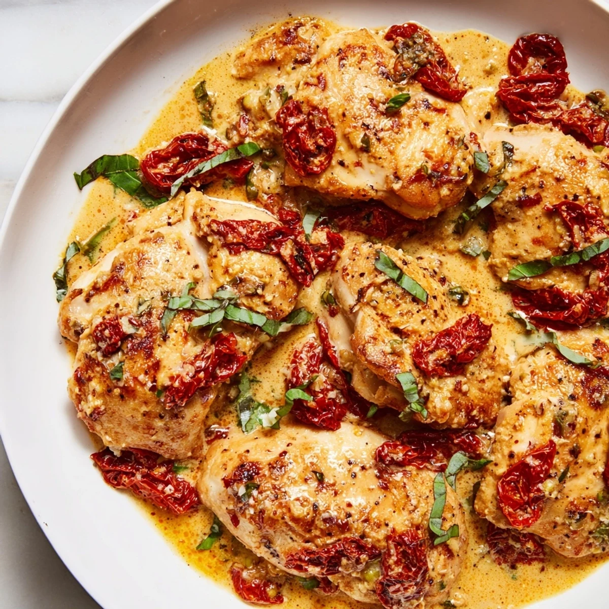 Tender chicken breasts simmered in rich red sauce dotted with sun-dried tomatoes and topped with grated parmesan cheese