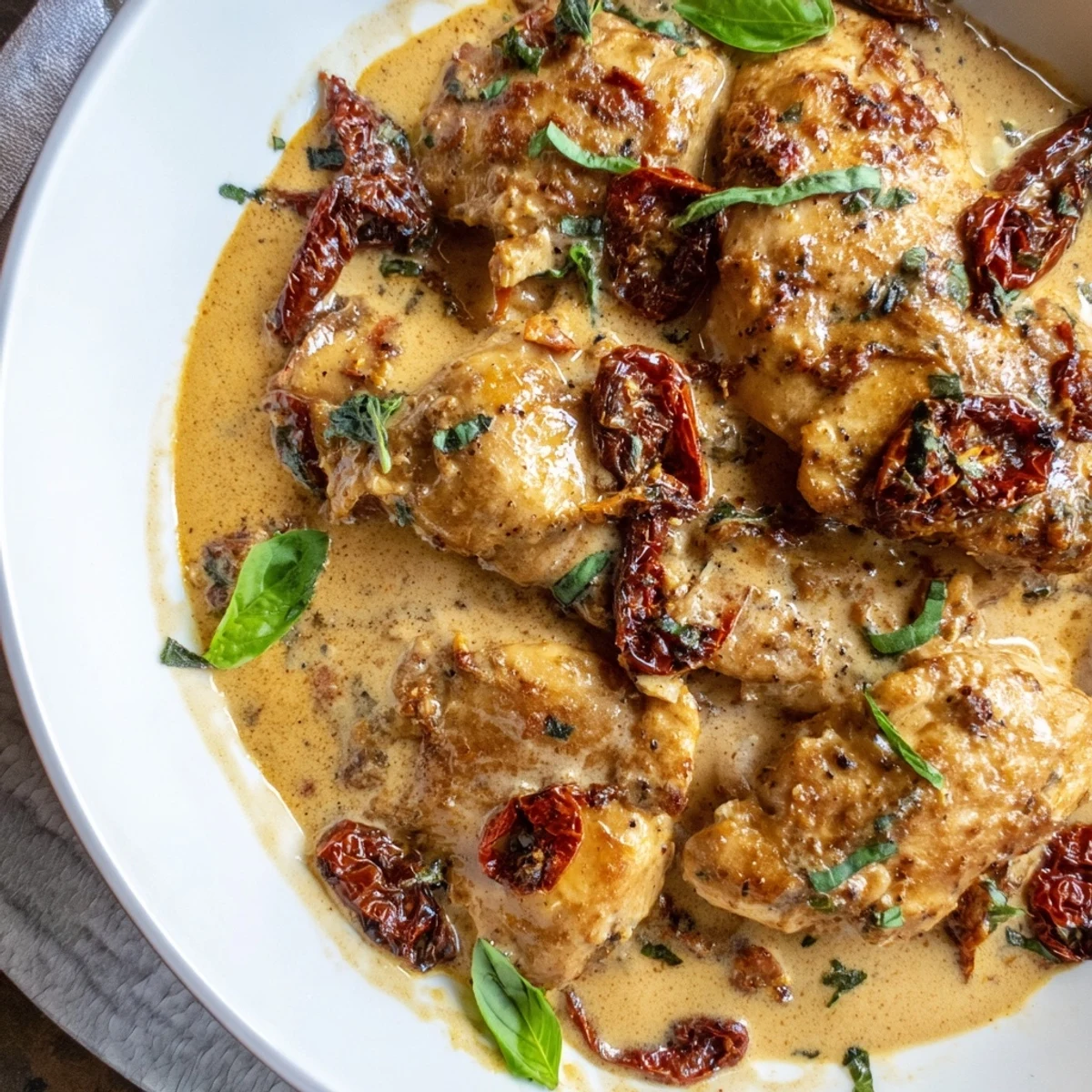 Creamy High Protein Marry Me Chicken served in a white bowl with vibrant red sauce and fresh basil sprinkles on top
