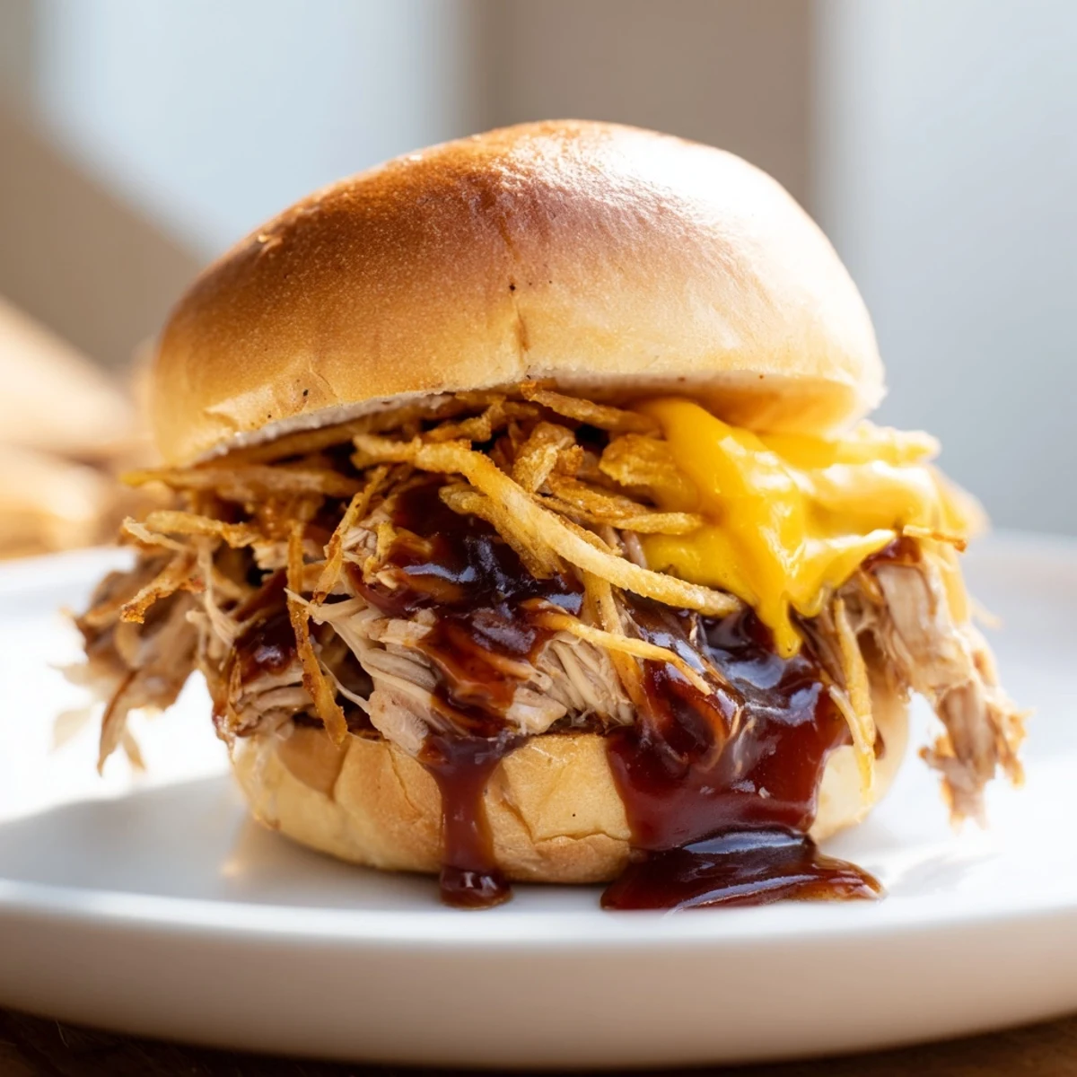 Golden brown Mississippi Mud Chicken Sliders topped with melted cheddar cheese and crispy fried onions