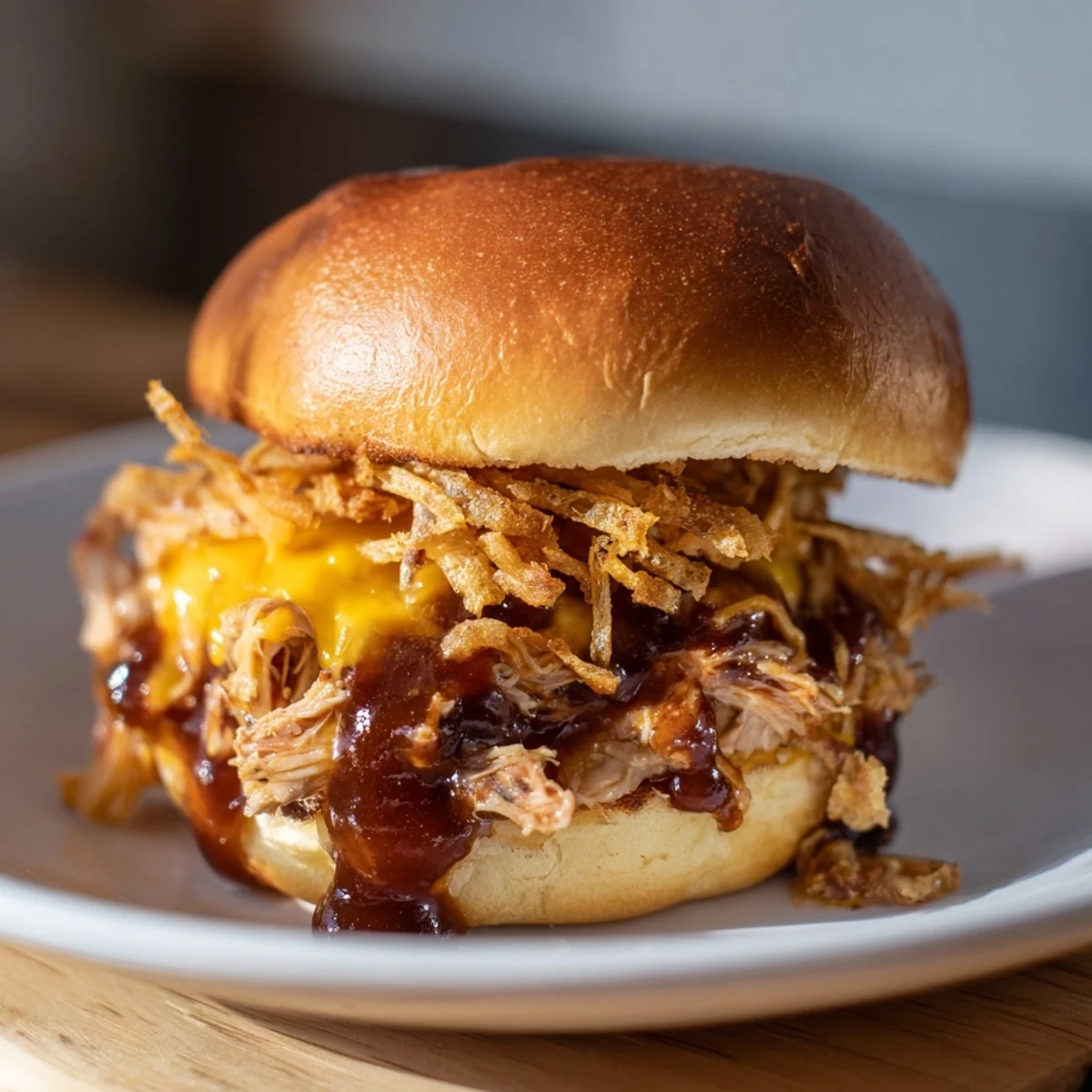 Juicy barbecue chicken sandwiches piled on buttery toasted slider buns with savory shredded cheese topping