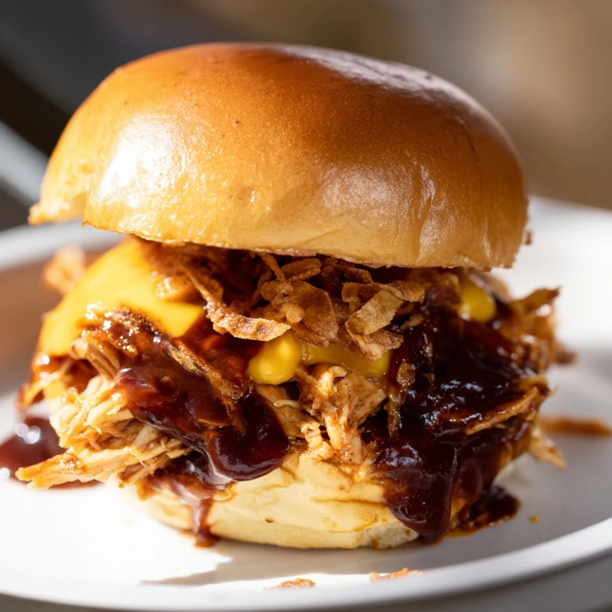 Baked Mississippi Mud Chicken Sliders featuring smoky saucy chicken and golden crunchy onion garnish