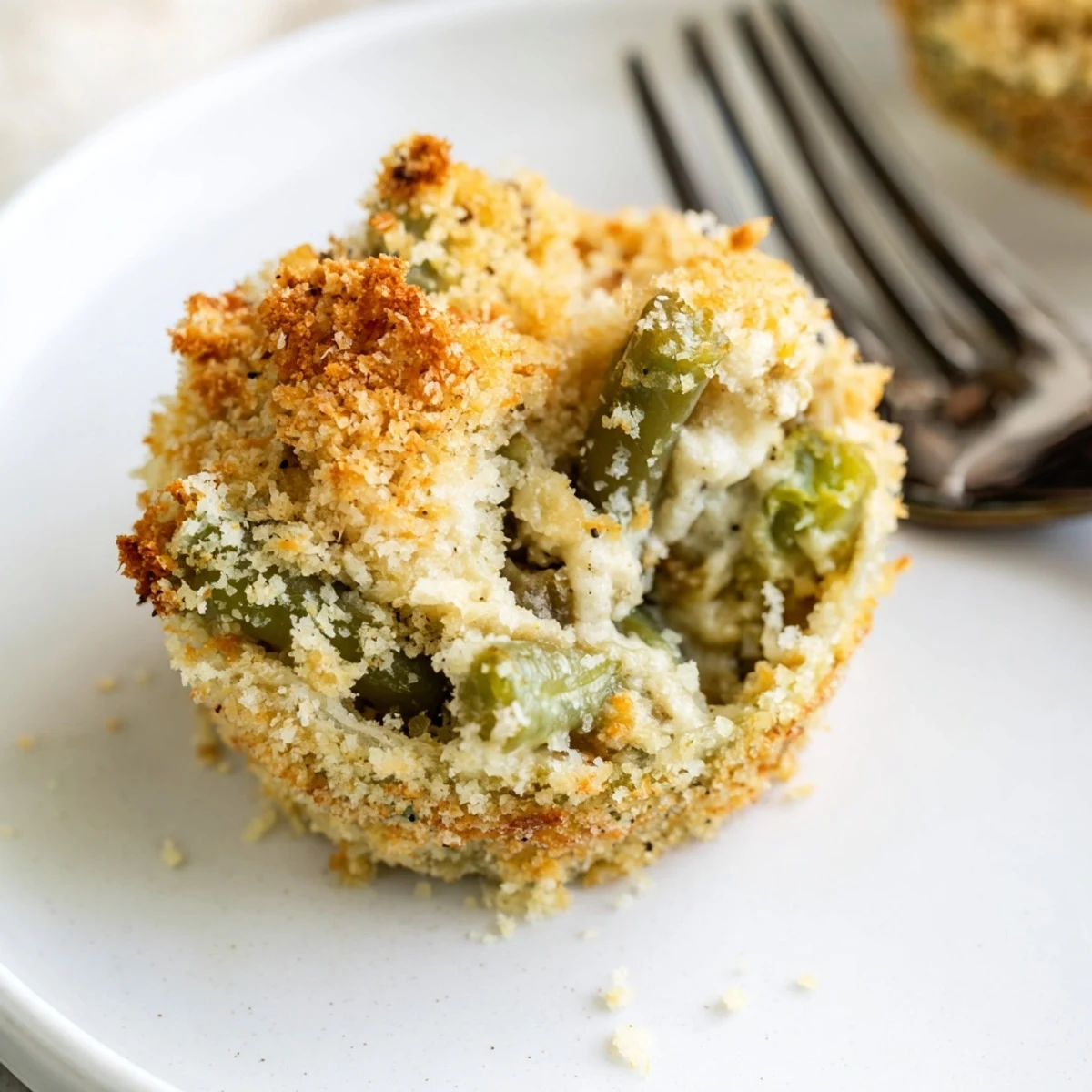 Golden brown garlic Parmesan green bean casserole cups with crispy panko topping
