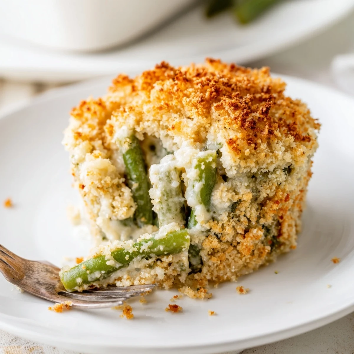 Individual muffin-sized green bean casserole portions bubbling with creamy Parmesan sauce