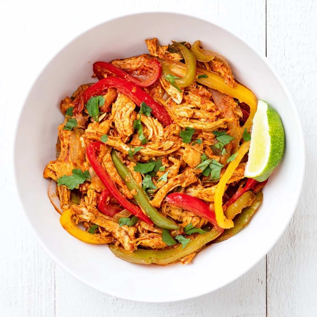 Slow cooker chicken fajitas with colorful bell peppers and onions in warm tortillas