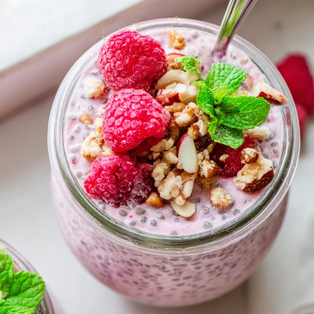 Creamy raspberry chia pudding topped with fresh berries and mint in clear glass jars