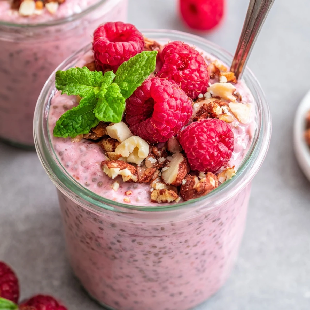 Vibrant pink raspberry chia pudding layered with granola and fresh raspberries for breakfast
