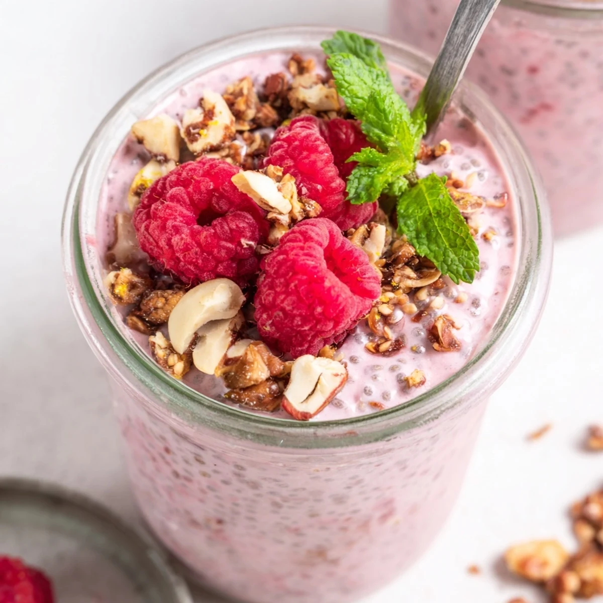 Thick and smooth raspberry chia pudding dessert garnished with whole raspberries and chopped nuts