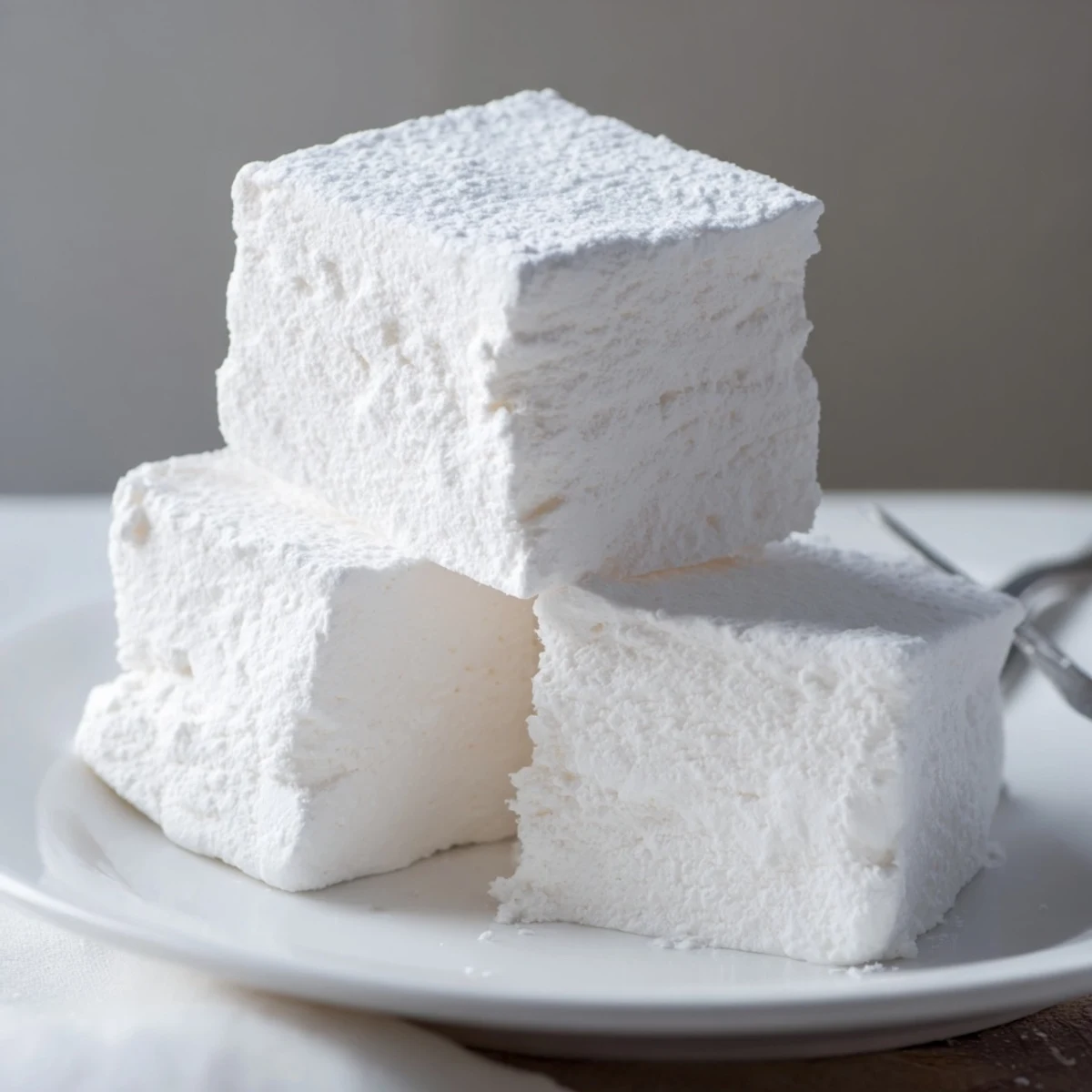 Soft white homemade marshmallow recipe showing pillowy squares dusted with powdered sugar on a wooden board