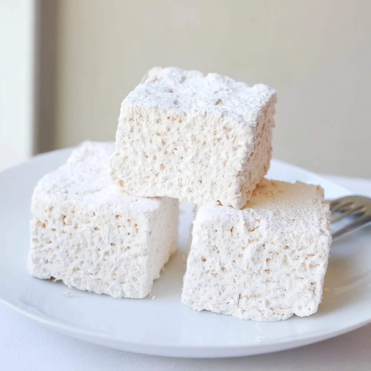 Fluffy homemade marshmallow recipe with vanilla bean specks stacked in neat cubes on a marble surface