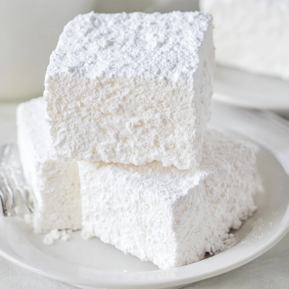 Homemade marshmallow recipe featuring white cloud-like treats coated in confectioners sugar ready for hot cocoa