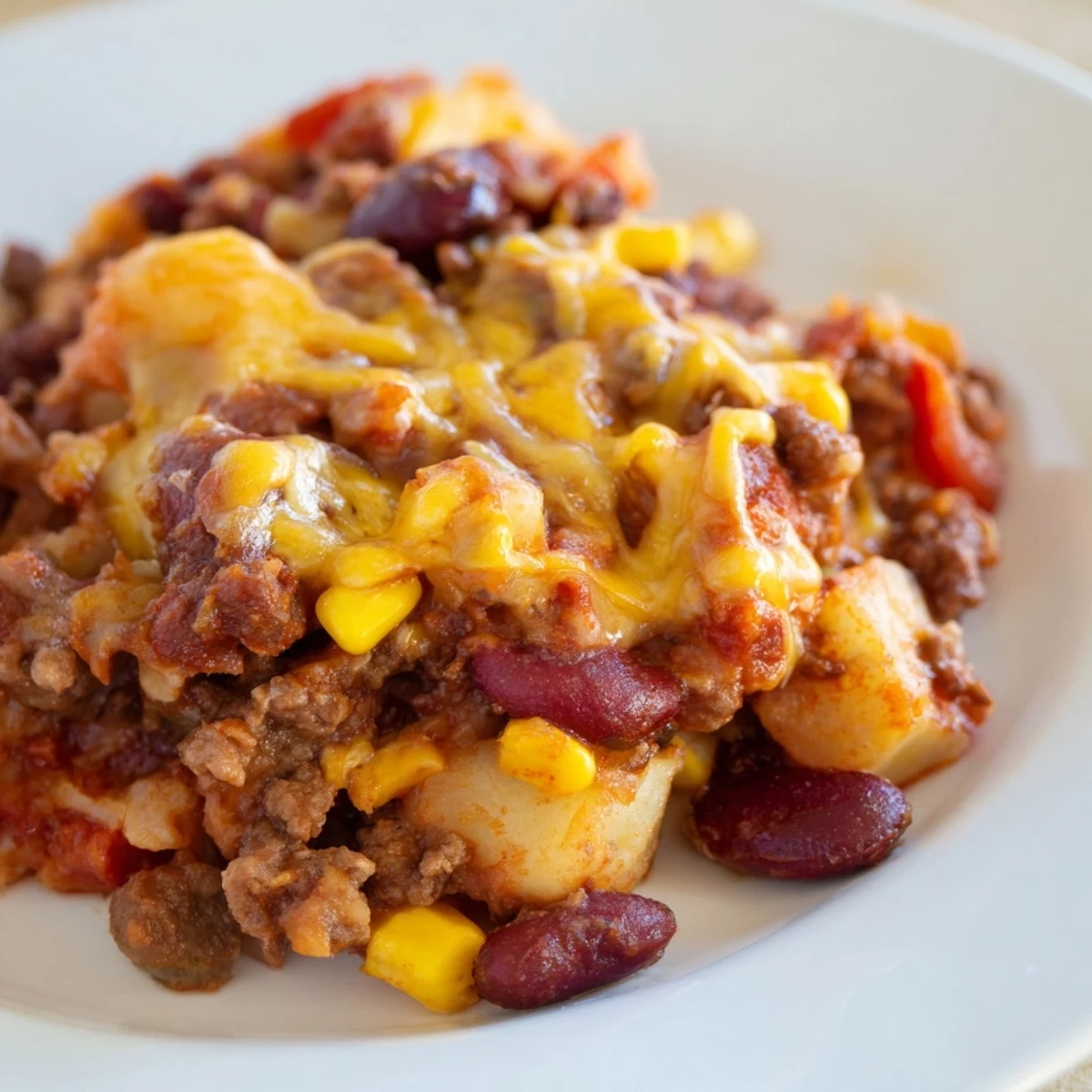Slow cooker cowboy casserole with melted cheddar atop tender beef, potatoes, and vegetables