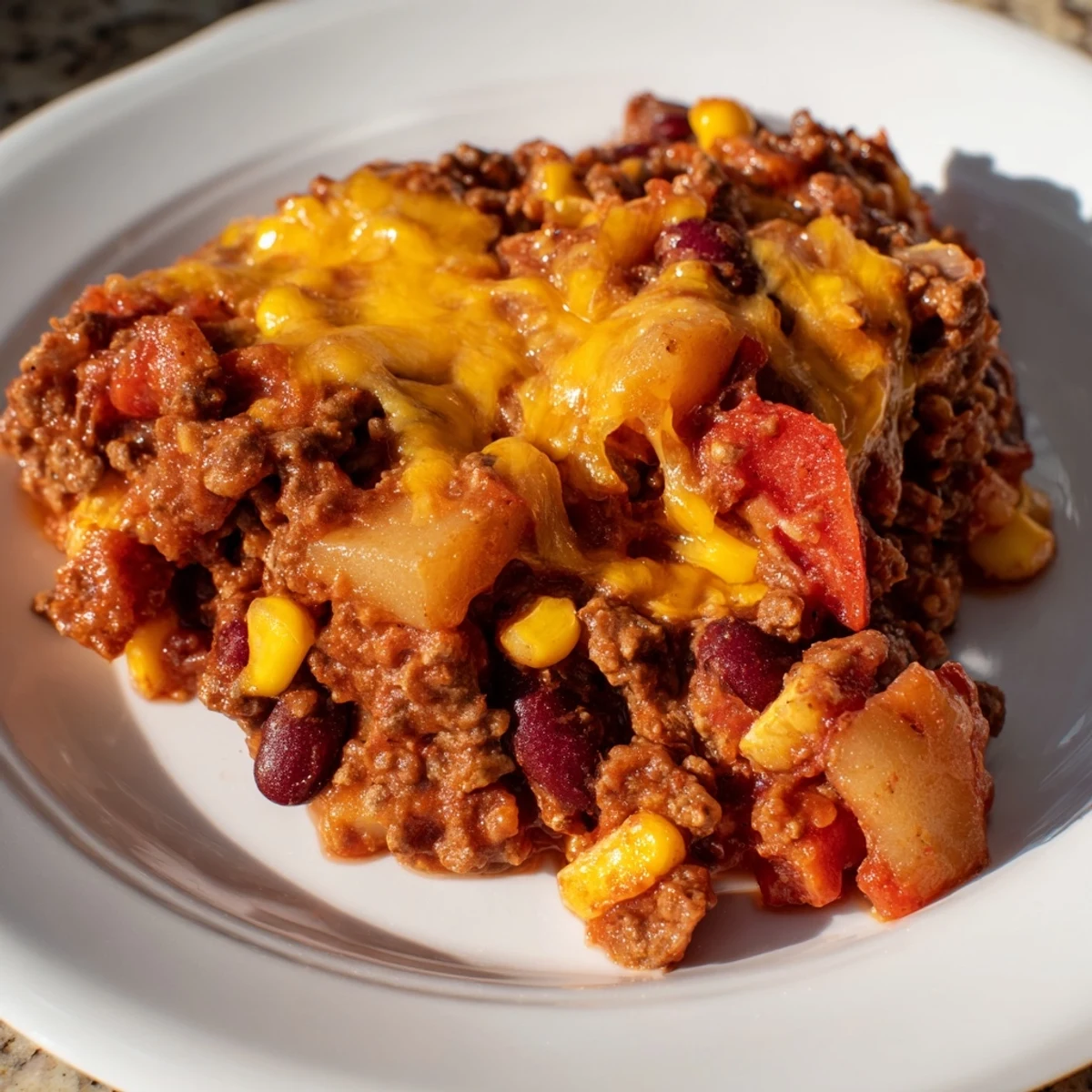 Hearty cowboy casserole slow cooked with ground beef, beans, corn, and golden melted cheese