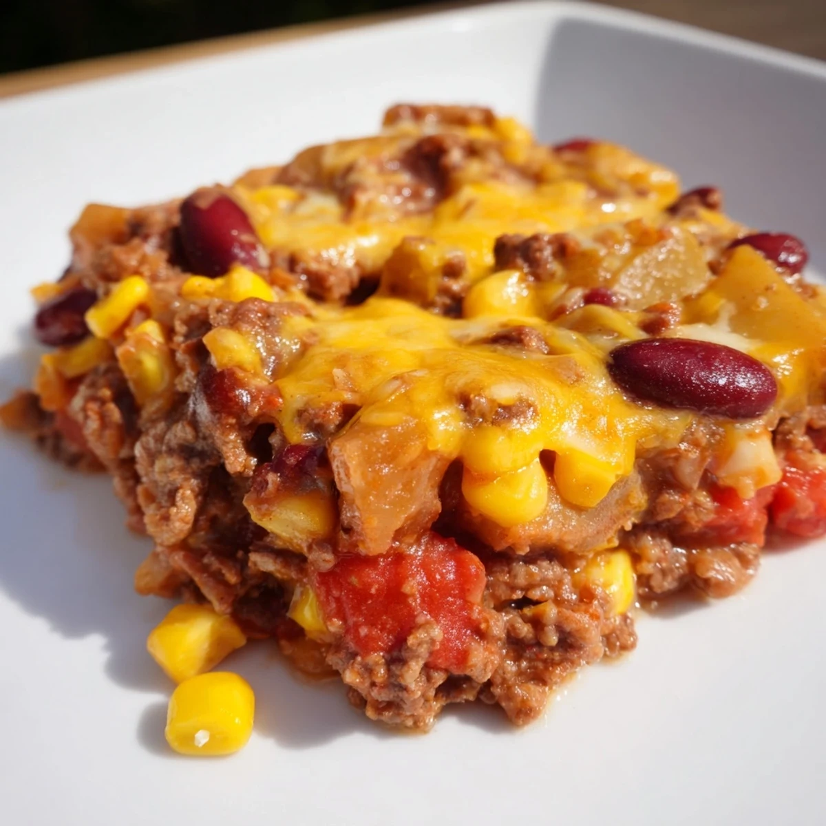Savory slow cooker cowboy casserole featuring layered potatoes, beef, and cheesy topping in a rustic bowl