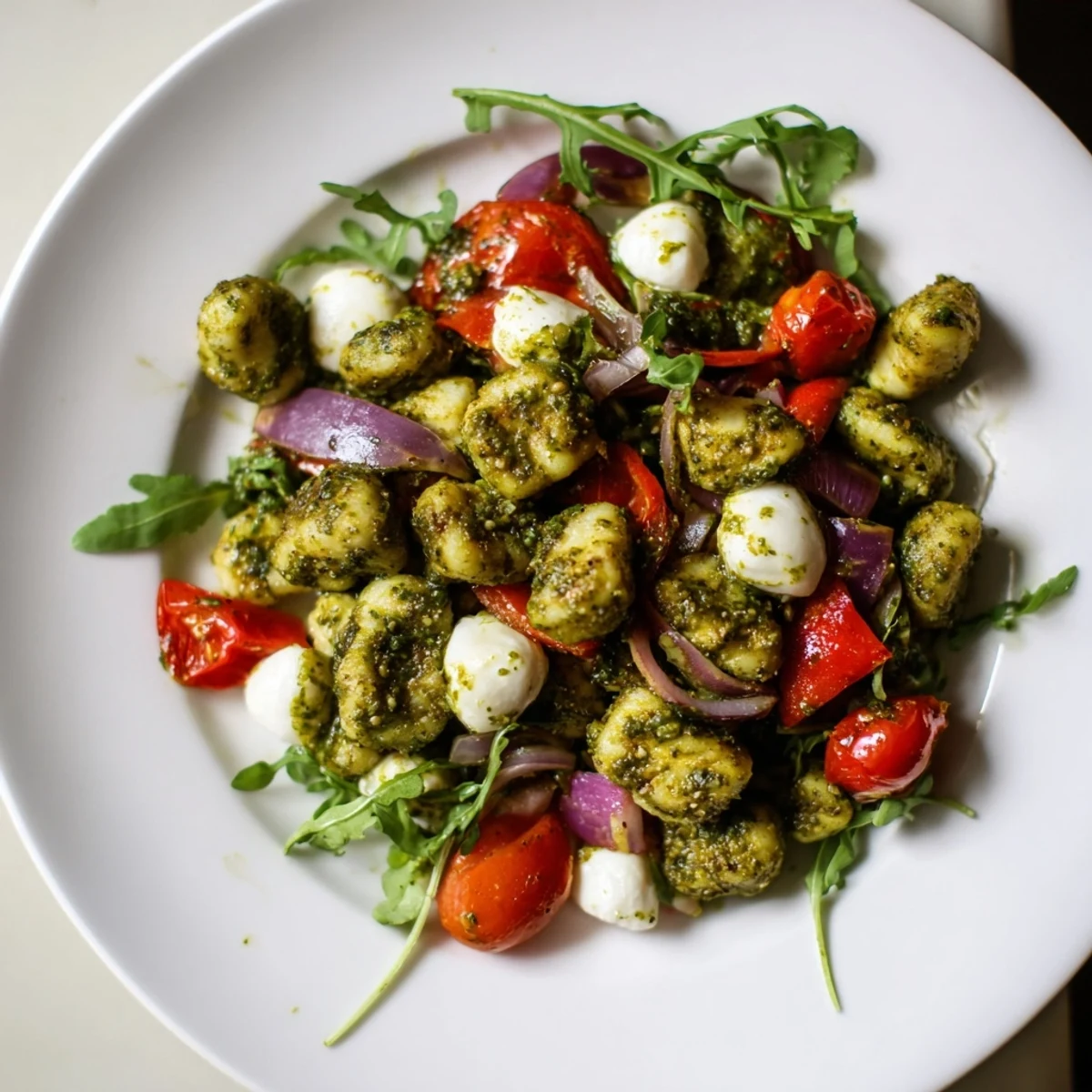 Warm Italian-inspired pesto roasted gnocchi salad featuring cherry tomatoes and creamy mozzarella balls
