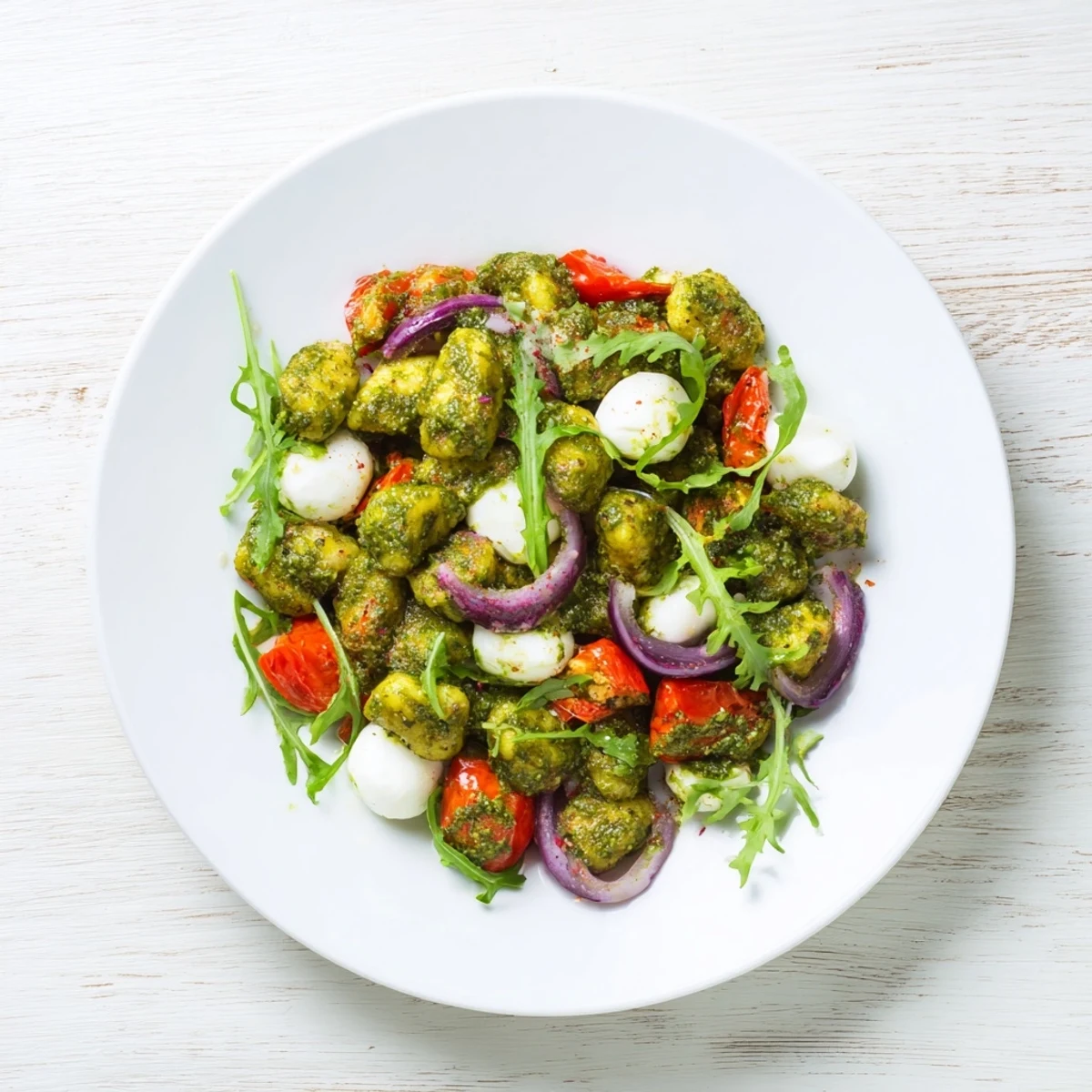 Golden roasted gnocchi salad with fresh mozzarella, colorful vegetables, and vibrant basil pesto dressing