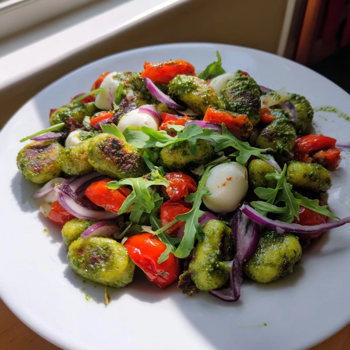 Colorful bowl of crispy roasted gnocchi tossed with pesto, arugula, and fresh mozzarella cheese
