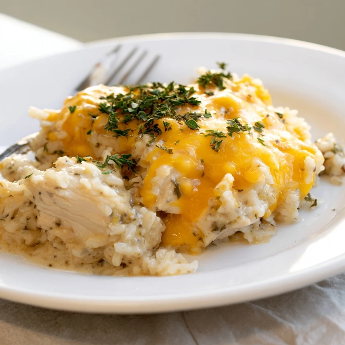 Golden chicken breasts nestled in creamy rice with melted cheddar cheese topping