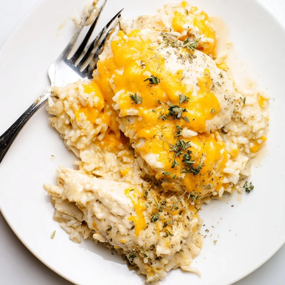 Homestyle creamy smothered chicken and rice with fresh parsley garnish on plate