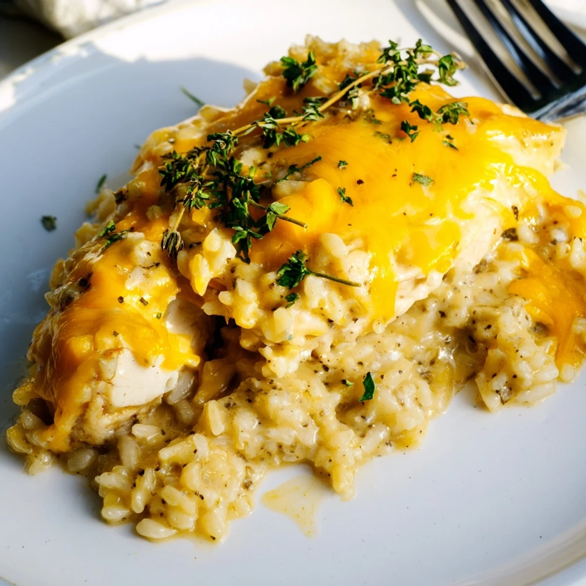 One-pan smothered chicken and rice featuring tender meat in rich white sauce