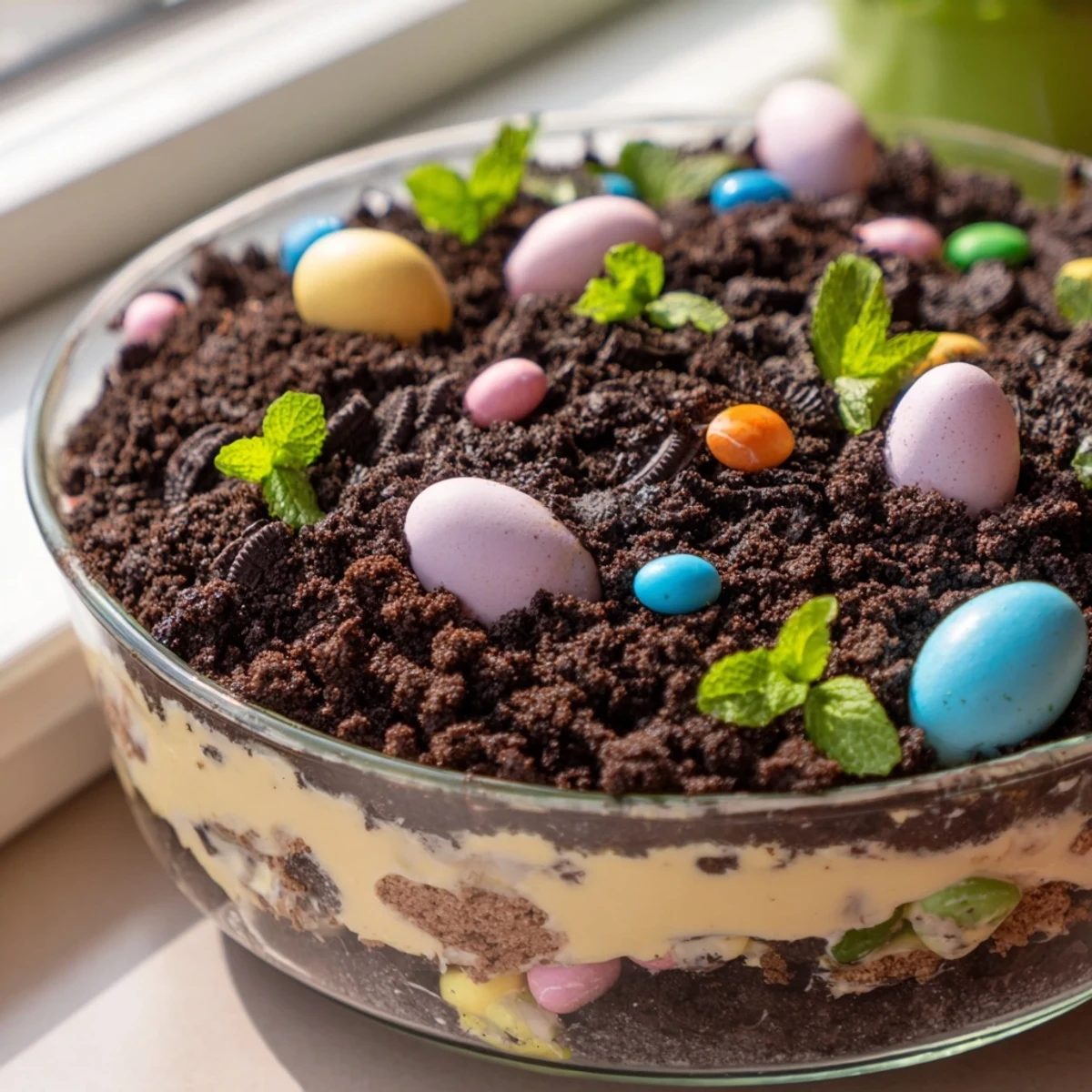Easter dirt cake casserole with creamy pudding layers, crushed chocolate cookies, pastel candies