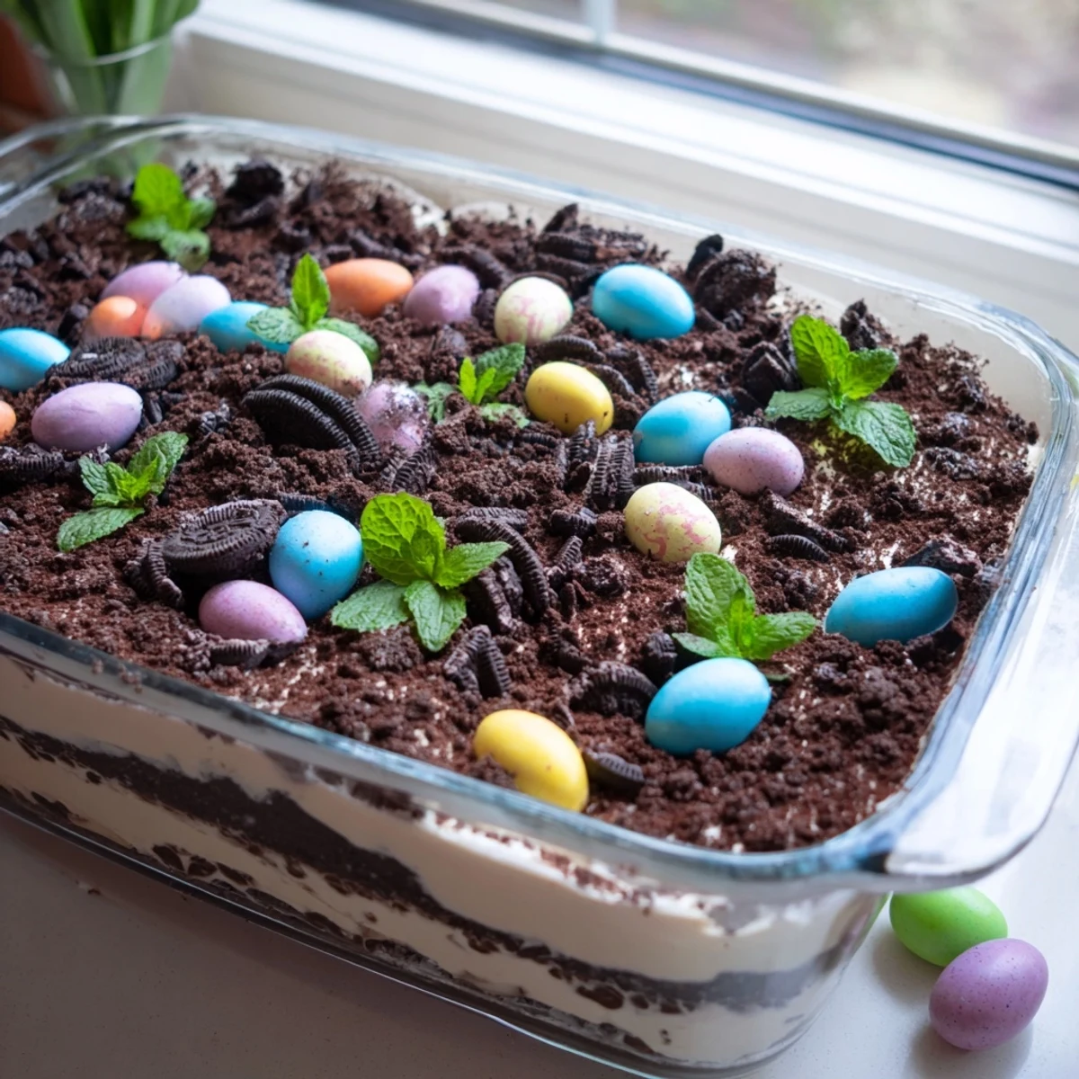 Spring dessert casserole featuring whipped cream, cookie crumbles, colorful Easter egg candies