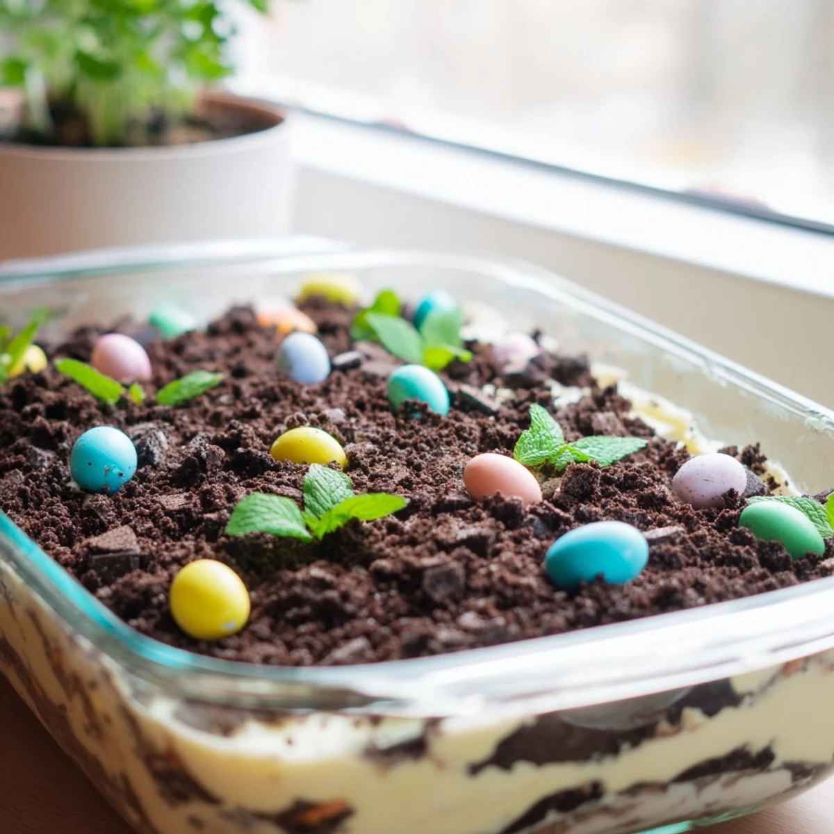 Creamy Easter dirt cake layered with vanilla pudding, chocolate cookies, pastel sweets