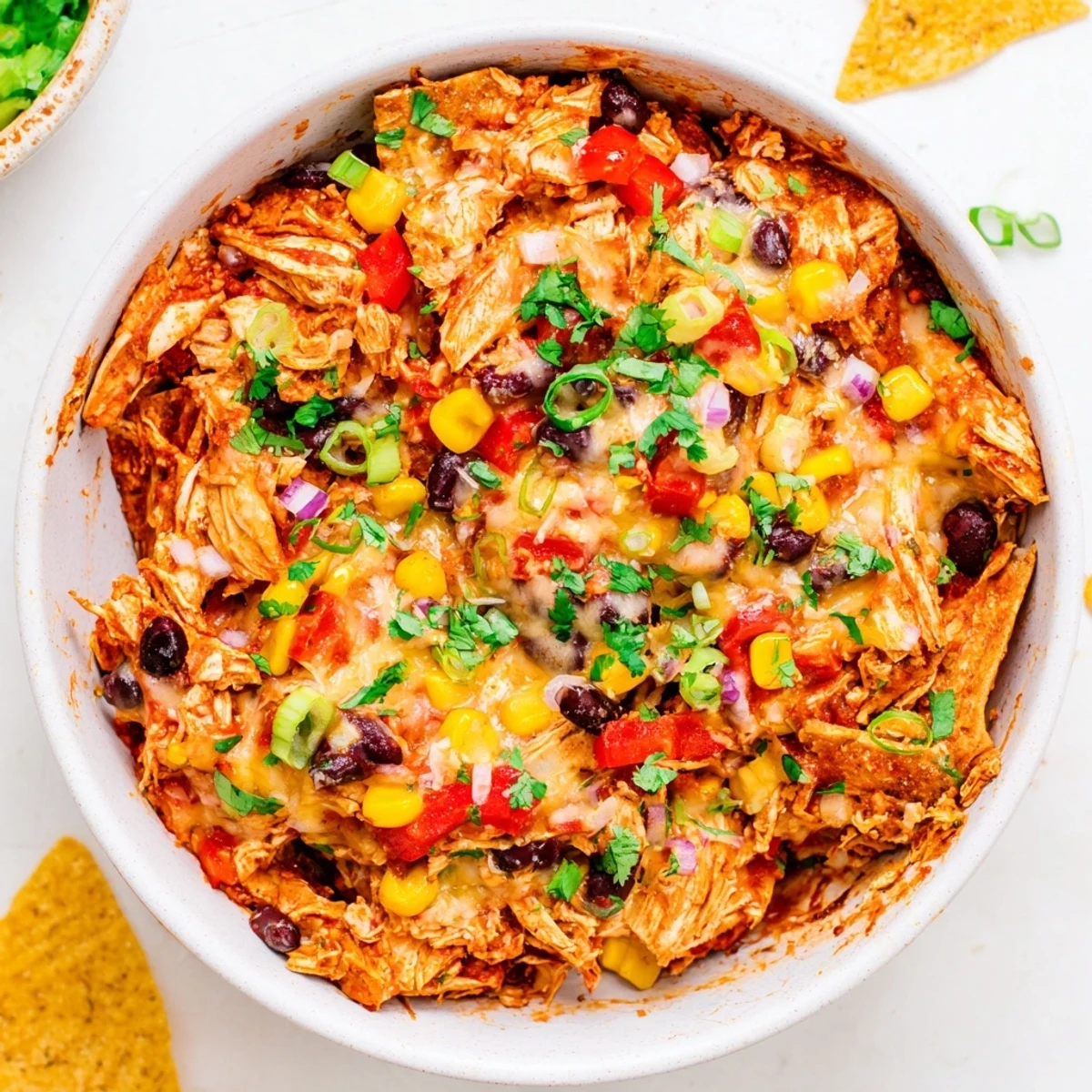 Layered crockpot chicken enchilada casserole with melted cheese, corn tortillas, and colorful vegetables