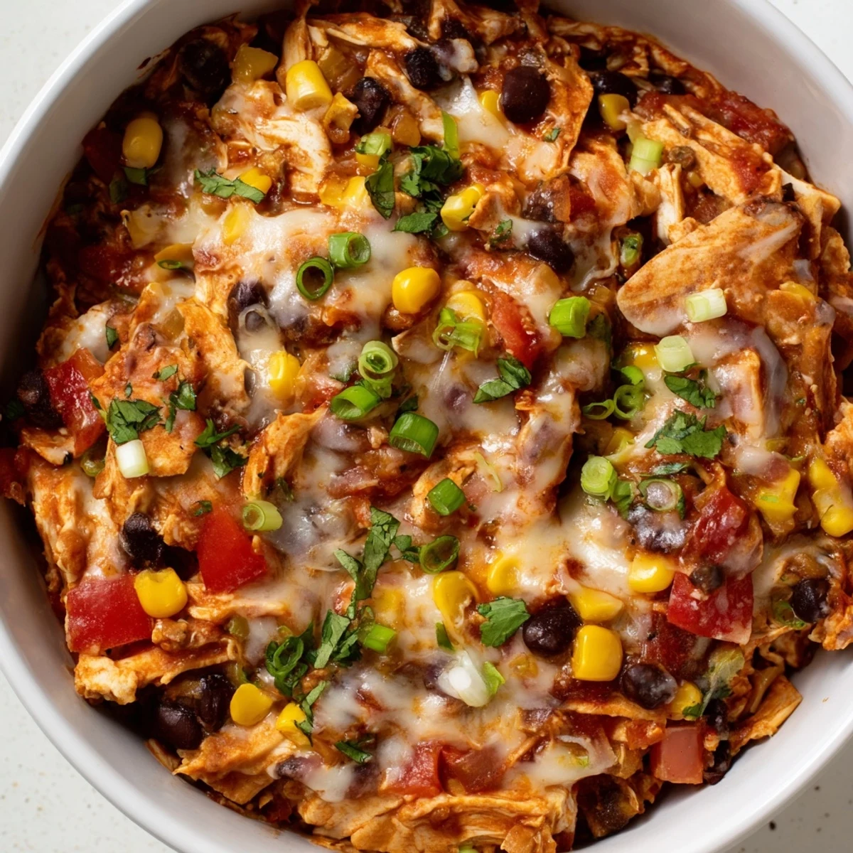 Slow cooker chicken enchilada casserole topped with shredded Mexican cheese and fresh cilantro garnish