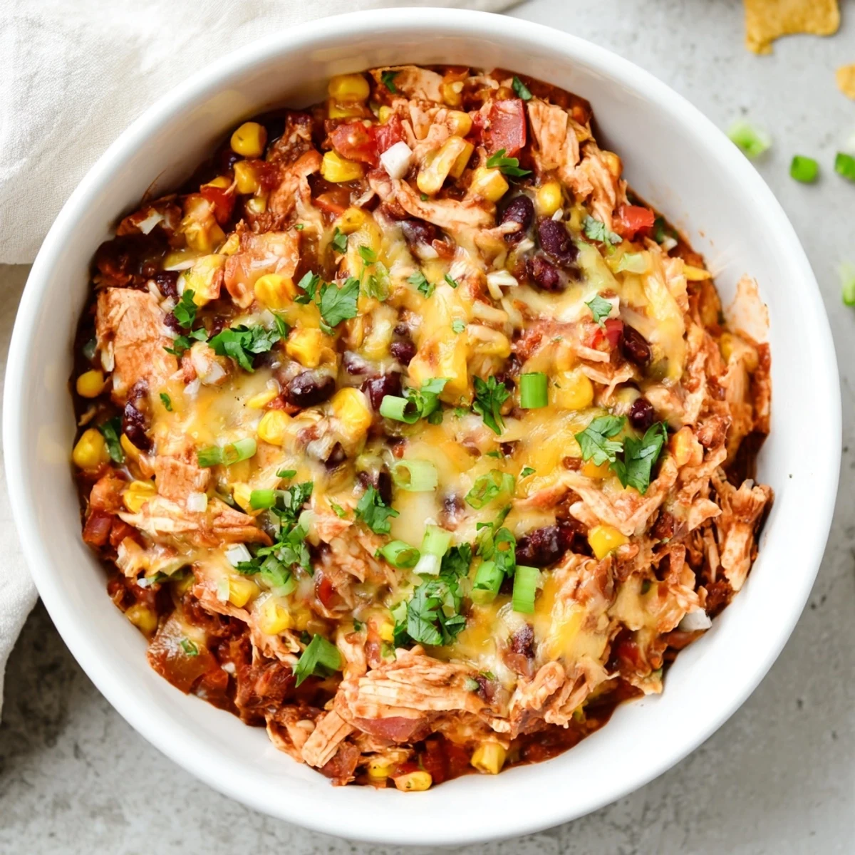 Hearty Tex-Mex crockpot chicken enchilada casserole with tender chicken, beans, and golden bubbling cheese