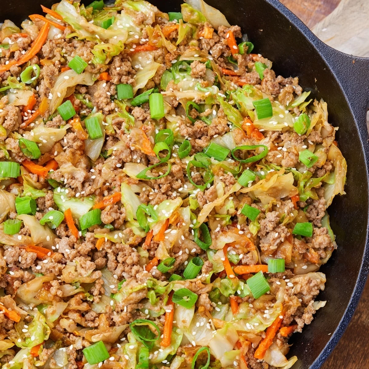 Sizzling skillet of Egg Roll in a Bowl with seasoned pork, colorful cabbage, and carrot shreds