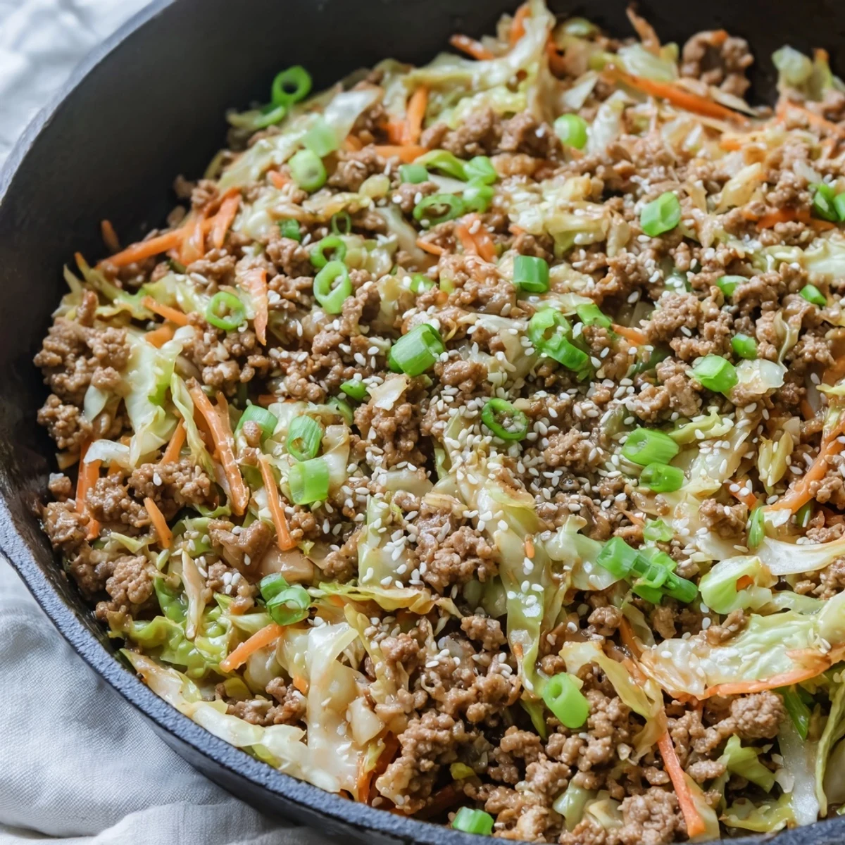 Heaping serving of low-carb Egg Roll in a Bowl with tender cabbage and savory ground pork