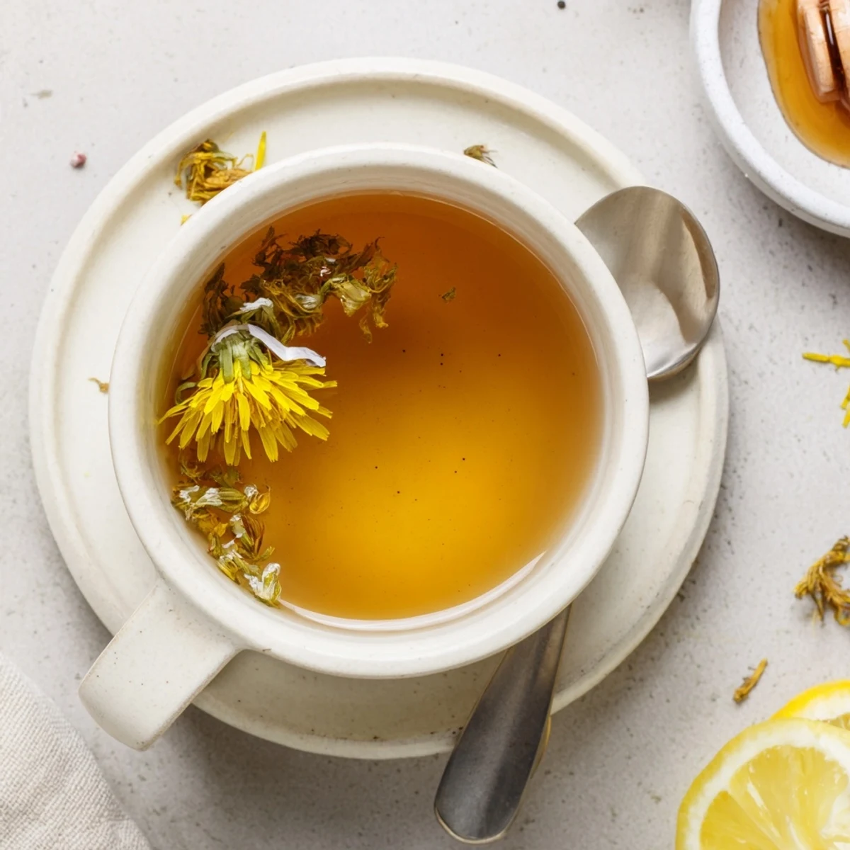 Golden dandelion tea steaming in a white ceramic cup with fresh lemon slice on saucer