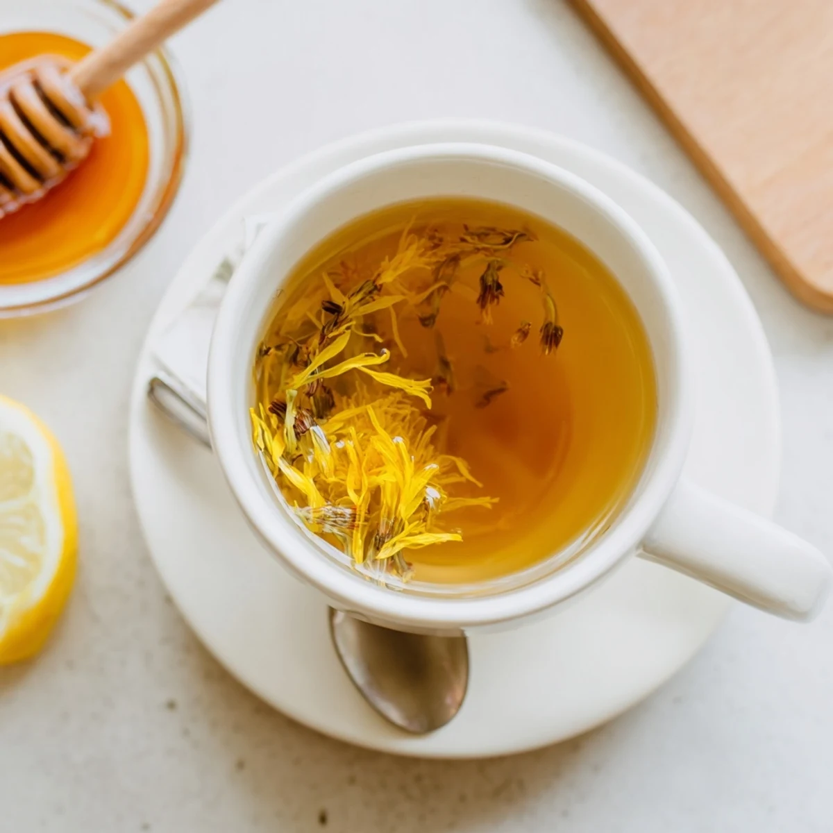 Clear glass mug showcasing earthy dandelion herbal infusion with delicate floating petals and honey drizzle