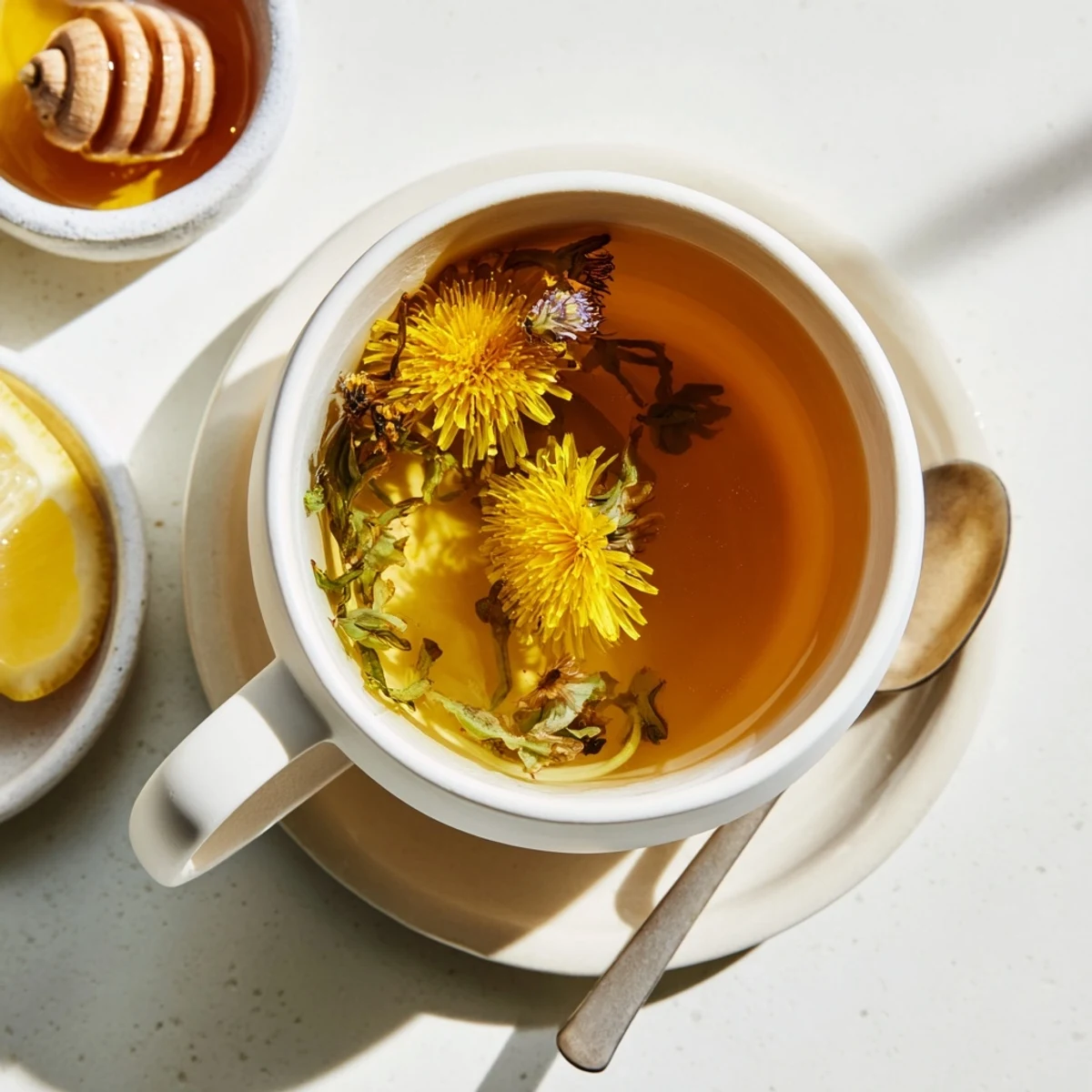 Warm amber dandelion tea poured from ceramic teapot into cup surrounded by fresh harvested blossoms