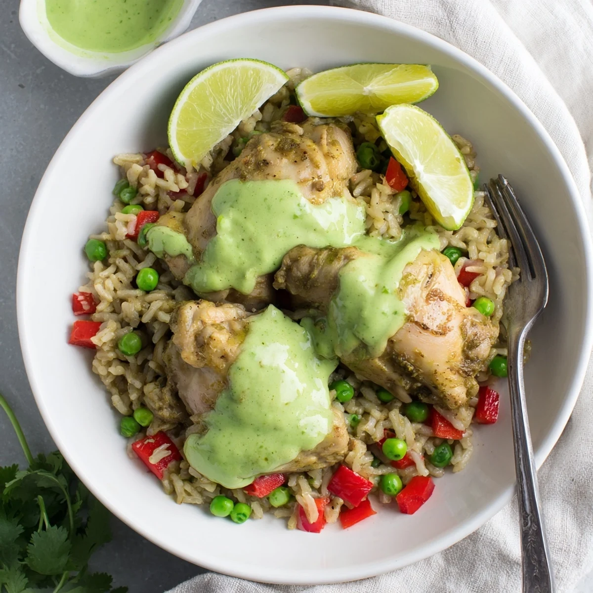 Weeknight dinner bowl piled high with seasoned chicken, fluffy aromatic rice, and herbaceous green sauce for serving