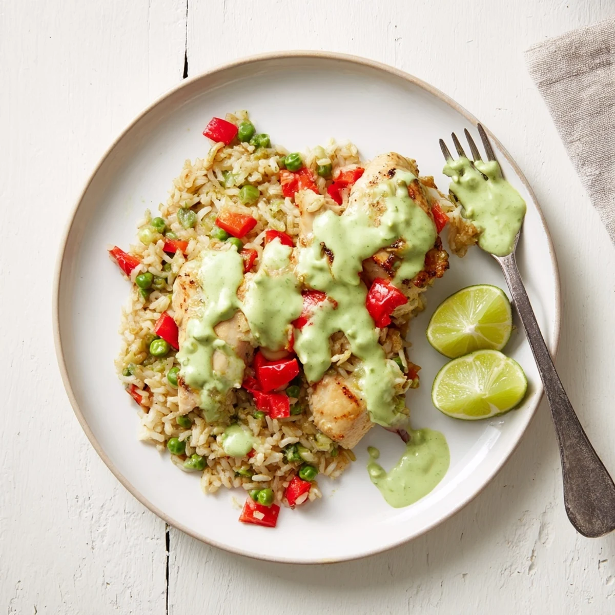 Steaming plate of Peruvian chicken rice featuring tender meat, colorful peas, and creamy zesty Aji Verde sauce