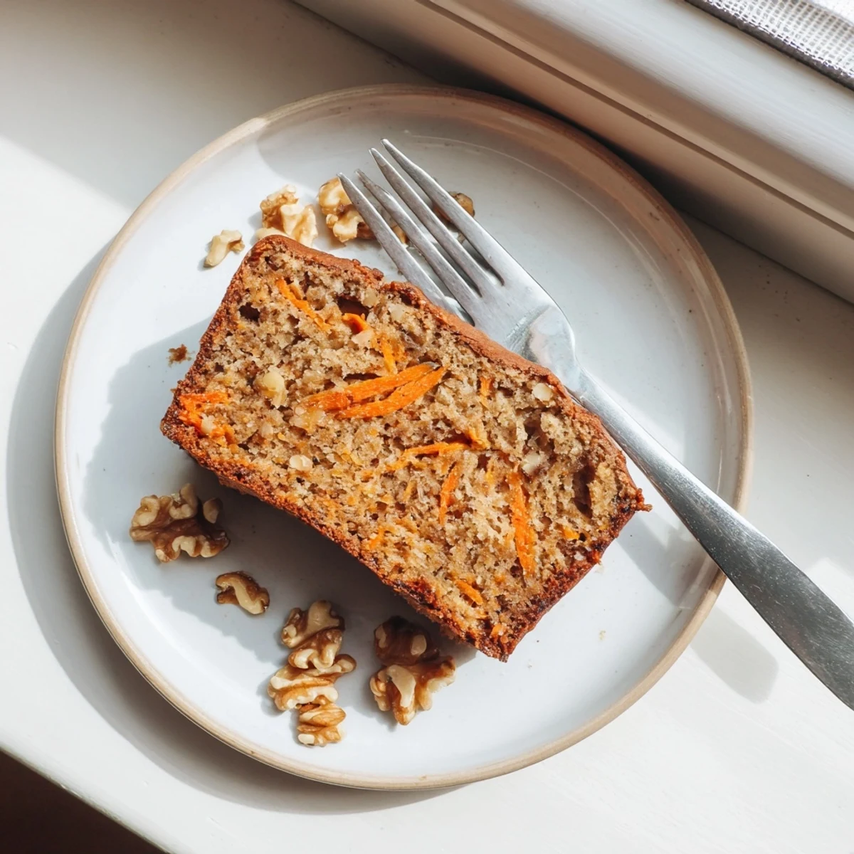 Moist carrot cake banana bread loaf topped with cream cheese frosting and chopped walnuts