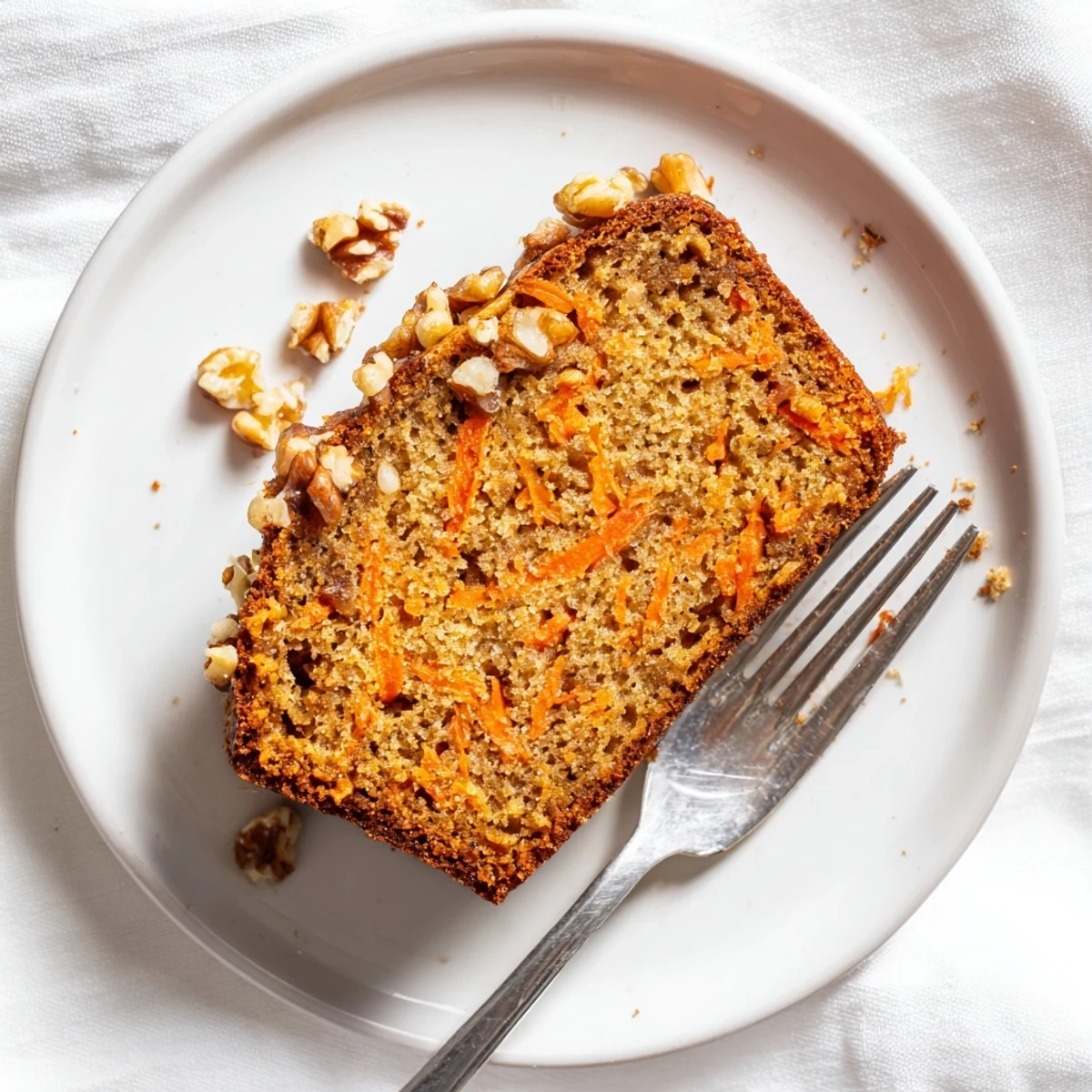 Thick slice of warm carrot cake banana bread with visible grated carrot and pecans