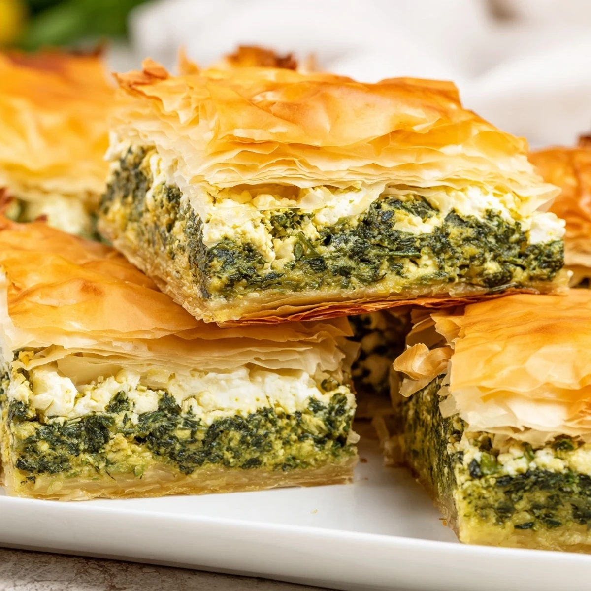 Golden authentic Greek spanakopita sliced into squares revealing vibrant spinach and feta layers