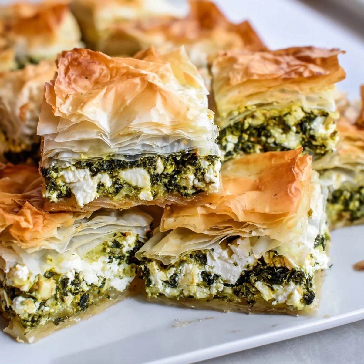 Crispy phyllo pastry triangle of authentic Greek spanakopita served on rustic wooden board