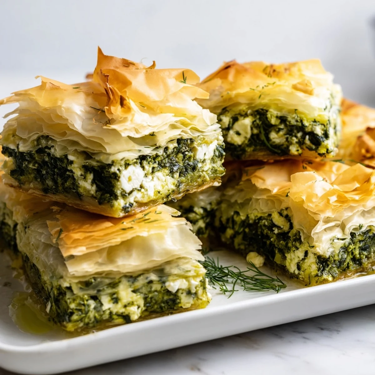 Warm authentic Greek spanakopita with flaky golden crust and creamy herb filling visible