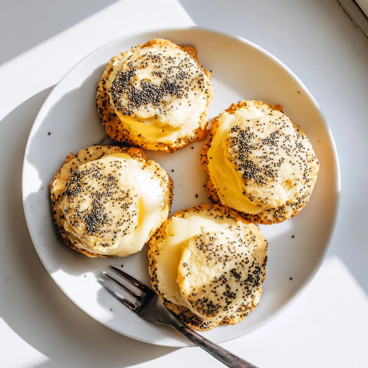 Golden lemon poppy seed cheesecake cookies with creamy white center and sugary coating