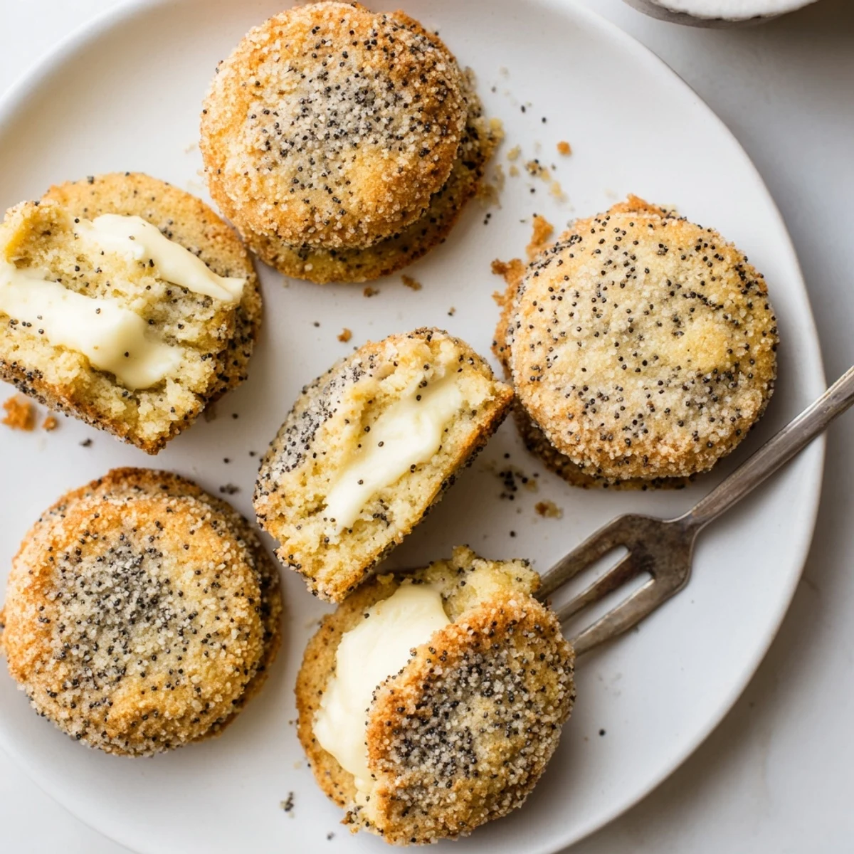 Fresh lemon poppy seed cheesecake cookies topped with sparkling sugar and tiny seeds