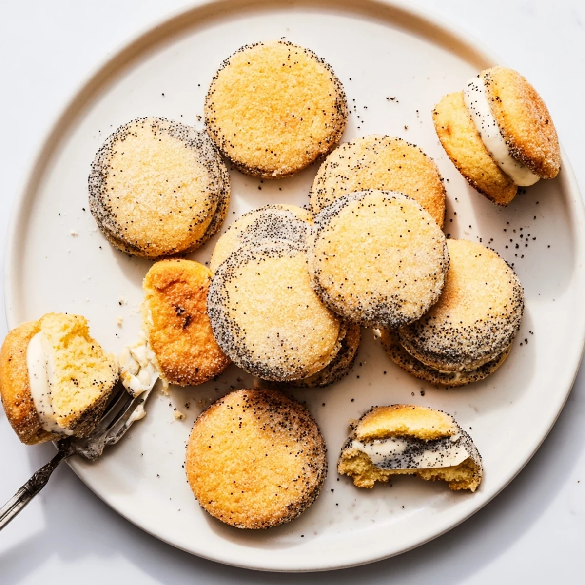 Soft baked lemon poppy seed cheesecake cookies oozing tangy cream cheese filling